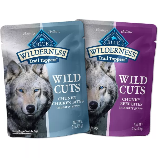 imageBlue Buffalo Wilderness Trail Toppers Wild Cuts High Protein Natural Wet Dog Food Variety Pack Chicken and Beef Bites 3oz Pouch 12 CountVariety Pack Chicken amp Beef 3 Ounce Pack of 48