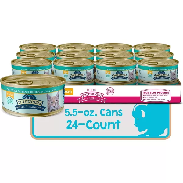imageBlue Buffalo Wilderness Wild Delights High Protein Grain Free Natural Adult Flaked Wet Cat Food Chicken amp Turkey 3oz cans Pack of 24Chicken amp Trout 55 Ounce Pack of 24