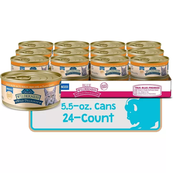imageBlue Buffalo Wilderness Wild Delights High Protein Grain Free Natural Adult Minced Wet Cat Food Chicken amp Trout 55 oz cans Pack of 24Chicken amp Turkey