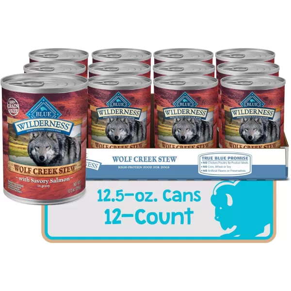 imageBlue Buffalo Wilderness Wolf Creek Stew High Protein Natural Wet Dog Food Savory Salmon Stew in gravy 125oz cans Pack of 12Salmon Stew 125 Ounce Pack of 12