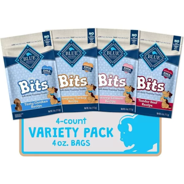 imageBlue Buffalo BLUE Bits Natural SoftMoist Training Dog Treats Chicken Recipe 19oz BagVariety Pack Beef Salmon Turkey and Chicken 4 Ounce Pack of 4