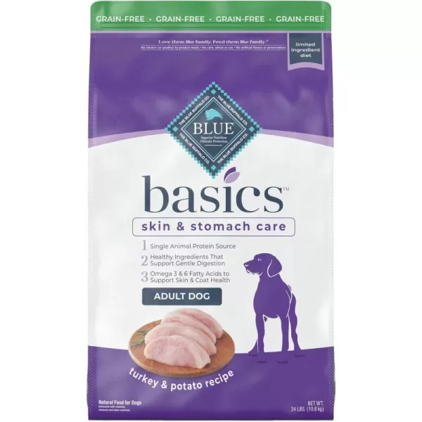 imageBlue Buffalo Basics Skin amp Stomach Care Grain Free Natural Adult Dry Dog Food Turkey amp Potato 24lbBlue Buffalo Basics Skin amp Stomach Care Grain Free Natural Adult Dry Dog Food Turkey amp Potato 24lb