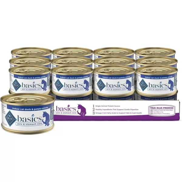 imageBlue Buffalo Basics Skin amp Stomach Care Grain Free Natural Adult Pate Wet Cat Food Indoor Duck 3oz cans Pack of 24Duck