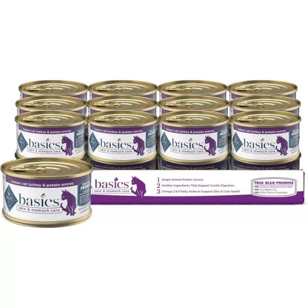 imageBlue Buffalo Basics Skin amp Stomach Care Grain Free Natural Adult Pate Wet Cat Food Indoor Duck 3oz cans Pack of 24Turkey