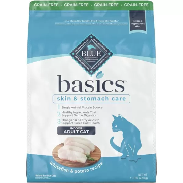 imageBlue Buffalo Basics Skin amp Stomach Care Grain Free Natural Indoor Adult Dry Cat Food Duck amp Potato 5lbFish amp Potato 11 Pound Pack of 1