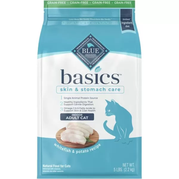 imageBlue Buffalo Basics Skin amp Stomach Care Grain Free Natural Indoor Adult Dry Cat Food Duck amp Potato 5lbFish amp Potato 5 Pound Pack of 1