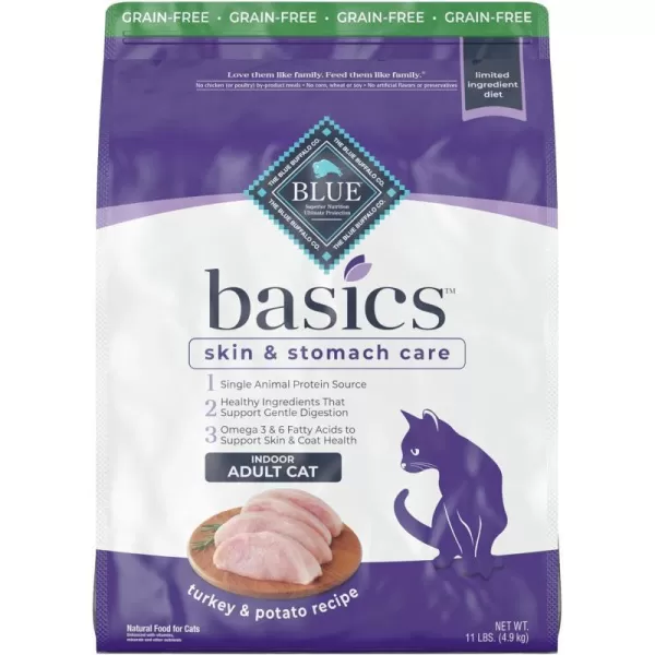 imageBlue Buffalo Basics Skin amp Stomach Care Grain Free Natural Indoor Adult Dry Cat Food Duck amp Potato 5lbTurkey amp Potato 11 Pound Pack of 1