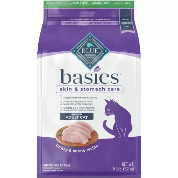 imageBlue Buffalo Basics Skin amp Stomach Care Grain Free Natural Indoor Adult Dry Cat Food Duck amp Potato 5lbTurkey amp Potato 5 Pound Pack of 1