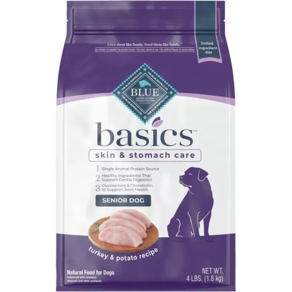 imageBlue Buffalo Basics Skin amp Stomach Care Natural Senior Dry Dog Food Turkey amp Potato 4lbDry Dog Food 4 Pound Pack of 1