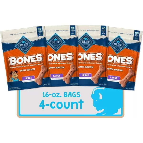 imageBlue Buffalo Bones Natural Crunchy Dog Treats Large Dog Biscuits Chicken 16oz bag 4 countBacon 16 Ounce Pack of 4 Large Biscuits