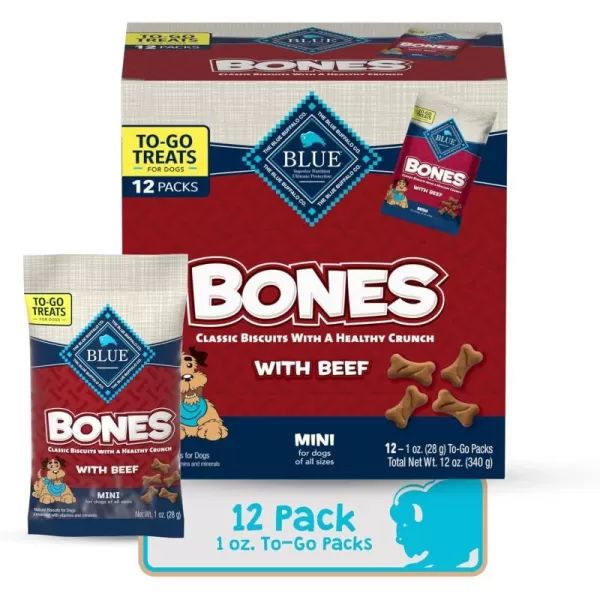 imageBlue Buffalo Bones Natural Crunchy Dog Treats TOGO Mini Dog Biscuits Beef 1oz Bags Pack of 12BLUE Bones Beef 1 Ounce Pack of 12