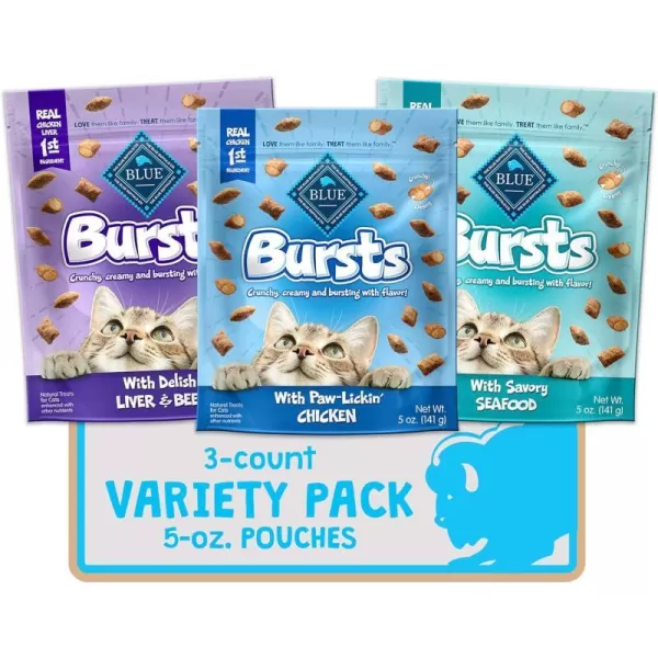 imageBlue Buffalo Bursts Crunchy Cat Treats Variety Pack Chicken Chicken Liver and Beef and Seafood 5oz Bags 3 countSeafood Chicken Chicken Liver amp Beef 500 Ounce Pack of 3