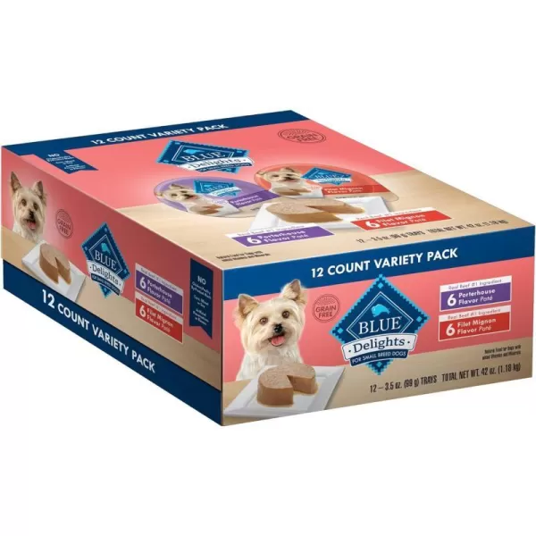 imageBlue Buffalo Delights Natural Adult Small Breed Wet Dog Food Cups Pate Style Filet Mignon and Porterhouse 35oz 12 Pack 6 of Each FlavorFilet Mignon amp Porterhouse 35 Ounce Pack of 12