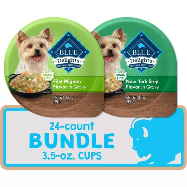imageBlue Buffalo Delights Natural Adult Small Breed Wet Dog Food Cups Variety Pack in Hearty Gravy Filet Mignon amp New York Strip 35oz Cups 12 count  6 of each FlavorVariety Pack Filet Mignon amp New York Strip Bundle 35 oz Pack of 24