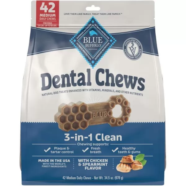 imageBlue Buffalo Dental Chews Medium Natural Dog Treats Chicken amp Spearmint 115oz Bag 14 Count345 Ounces Pack of 1
