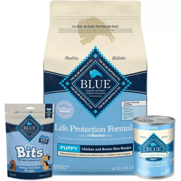 imageBlue Buffalo Life Protection Formula Natural Puppy Starter Kit Dry Dog Food Wet Puppy Food amp Blue Bits Puppy Training Treats ChickenPuppy Starter Bundle  Dry  Wet  Treats 5lb  4oz  125 oz Pack of 12