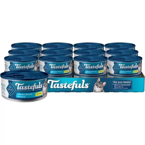 imageBlue Buffalo Tastefuls Natural Flaked Wet Cat Food Variety Pack Tuna Chicken and Fish amp Shrimp Entres in Gravy 55oz Cans 24 Count  8 of EachChicken 55 Ounce Pack of 24