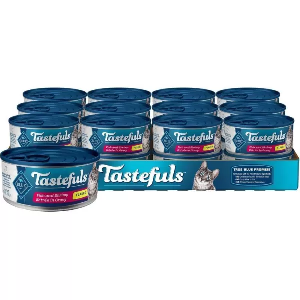 imageBlue Buffalo Tastefuls Natural Flaked Wet Cat Food Variety Pack Tuna Chicken and Fish amp Shrimp Entres in Gravy 55oz Cans 24 Count  8 of EachFish amp Shrimp 55 Ounce Pack of 24