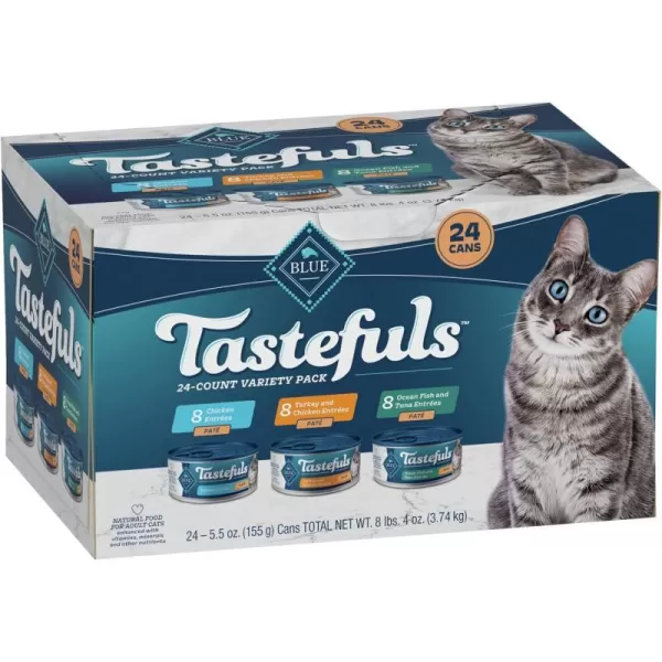 imageBlue Buffalo Tastefuls Natural Pate Wet Cat Food Variety Pack Chicken Turkey amp Chicken and Ocean Fish amp Tuna 55oz Cans 24 Count  8 of EachChicken Turkey amp Chicken Ocean Fish amp Tuna 55 Ounce Pack of 24