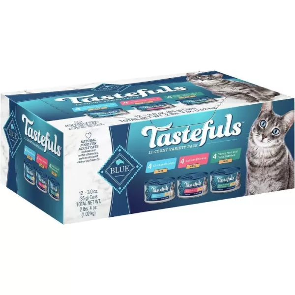 imageBlue Buffalo Tastefuls Natural Pate Wet Cat Food Variety Pack Salmon Chicken Ocean Fish amp Tuna Entres 3oz Cans 12 Count  4 of Each FlavorSalmon Chicken Ocean Fish amp Tuna 3 Ounce Pack of 12
