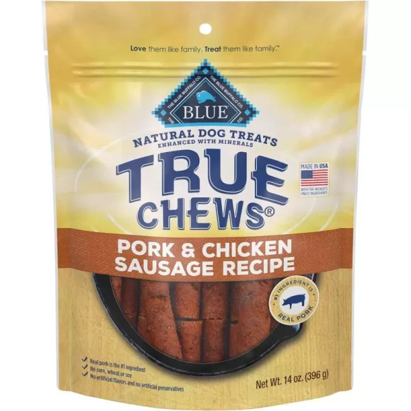 imageBlue Buffalo True Chews Premium Natural Dog Treats Pork and Chicken Sausage 14 oz bagPork amp Chicken 14 Ounce Pack of 1