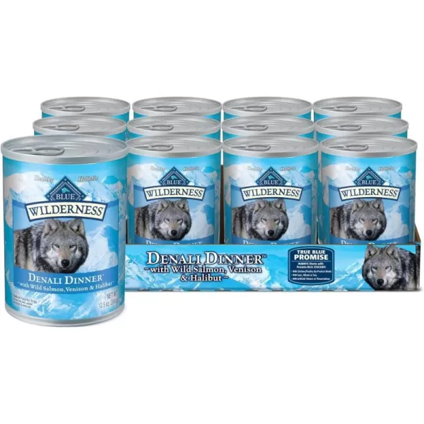 imageBlue Buffalo Wilderness Denali Dinner High Protein Natural Wet Dog Food Wild Salmon Venison amp Halibut 125oz cans Pack of 12Salmon Venison amp Halibut