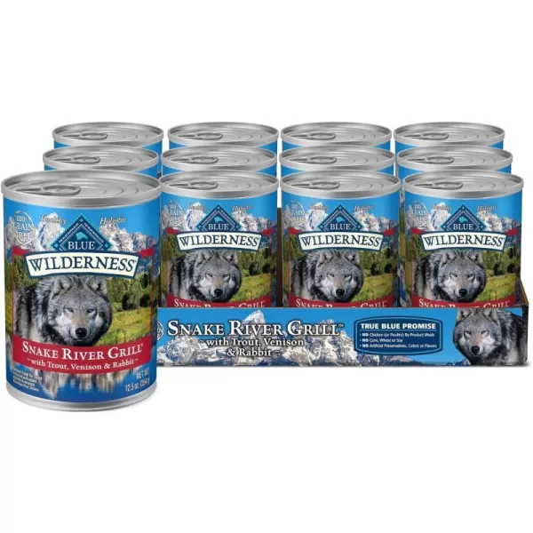 imageBlue Buffalo Wilderness Denali Dinner High Protein Natural Wet Dog Food Wild Salmon Venison amp Halibut 125oz cans Pack of 12Trout Venison amp Rabbit