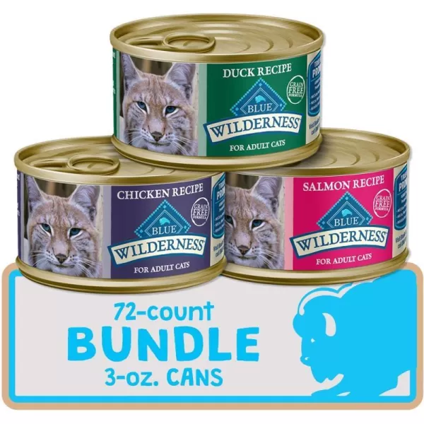 imageBlue Buffalo Wilderness High Protein Grain Free Natural Adult Pate Wet Cat Food Chicken Salmon Duck 3oz cans 72 count  24 of each flavorVariety Pack Chicken Salmon Duck Bundle 3oz Pack of 72