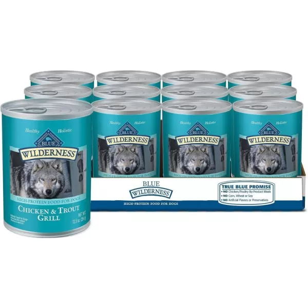 imageBlue Buffalo Wilderness High Protein Natural Adult Wet Dog Food Salmon amp Chicken Grill 125oz cans Pack of 12Trout amp Chicken 125 Ounce Pack of 12