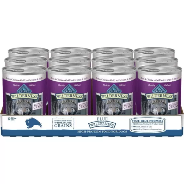 imageBlue Buffalo Wilderness High Protein Natural Adult Wet Dog Food plus Wholesome Grains Turkey amp Chicken Grill 125oz cans Pack of 12Beef amp Chicken