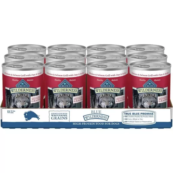 imageBlue Buffalo Wilderness High Protein Natural Adult Wet Dog Food plus Wholesome Grains Turkey amp Chicken Grill 125oz cans Pack of 12Salmon amp Chicken