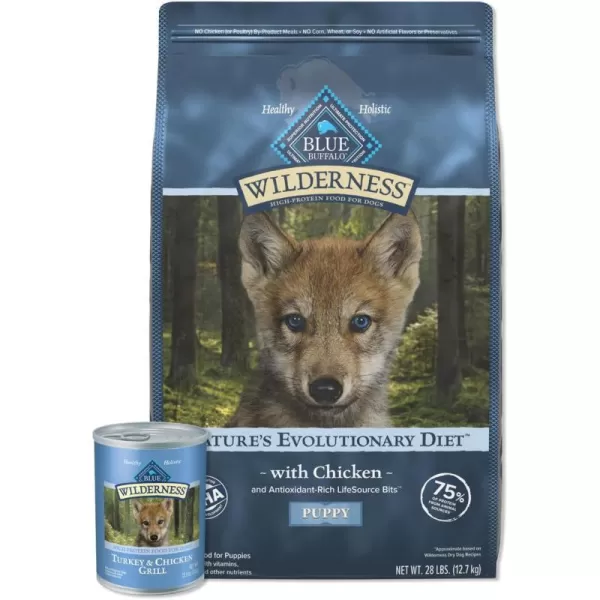 imageBlue Buffalo Wilderness High Protein Natural Grain Free Puppy Dry Dog Food and Wet Puppy Food Turkey and Chicken 24lb Dry Food  125oz cans 12ctBundle Dry  Wet Turkey  Chicken