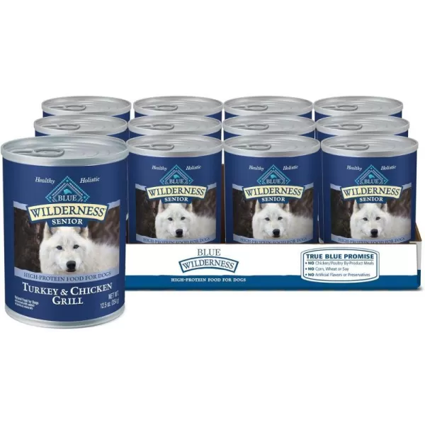 imageBlue Buffalo Wilderness High Protein Natural Senior Wet Dog Food Turkey amp Chicken Grill 125oz cans Pack of 12Turkey amp Chicken