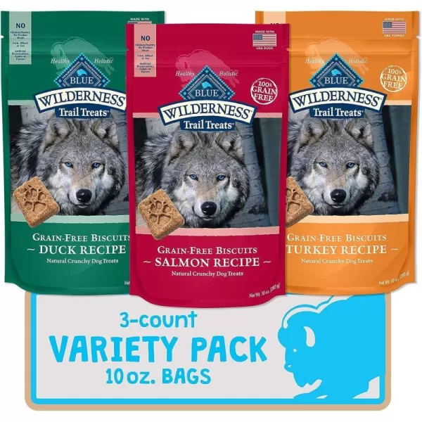 imageBlue Buffalo Wilderness Rocky Mountain Recipe High Protein Grain Free Crunchy Dog Treats Biscuits Red Meat 8oz bagVariety Pack Duck Turkey amp Salmon 10 Ounce Pack of 3
