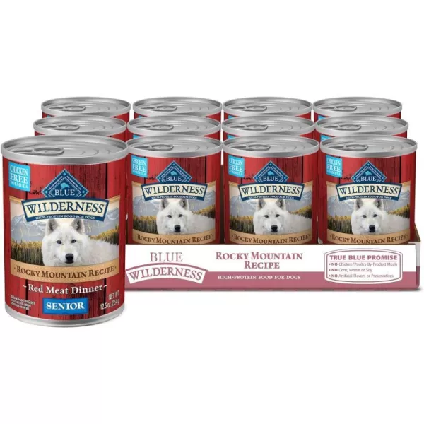 imageBlue Buffalo Wilderness Rocky Mountain Recipe High Protein Natural Senior Wet Dog Food Red Meat 125oz cans Pack of 12Red Meat ChickenFree