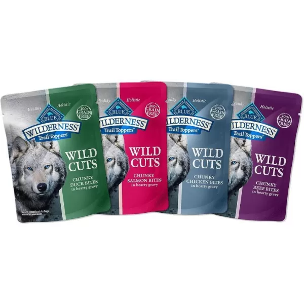 imageBlue Buffalo Wilderness Trail Toppers Wild Cuts High Protein Natural Wet Dog Food Variety Pack Chicken and Beef Bites 3oz Pouch 12 CountBeef Salmon Duck Chicken 3 Ounce Pack of 24