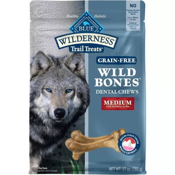 imageBlue Buffalo Wilderness Wild Bones Grain Free Dental Chews Dog Treats Medium 10oz BagMedium Bones 27 Ounce Pack of 1