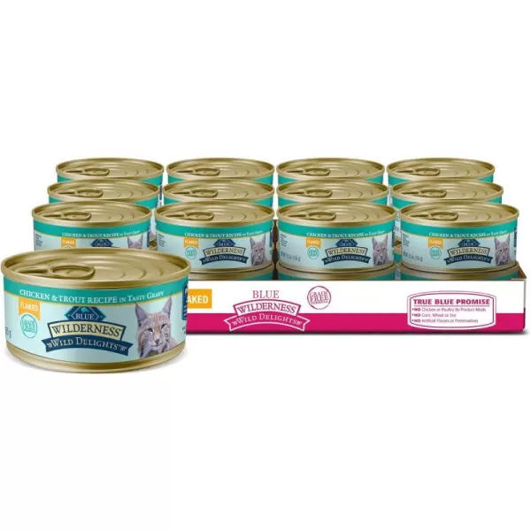 imageBlue Buffalo Wilderness Wild Delights High Protein Grain Free Natural Adult Flaked Wet Cat Food Chicken amp Turkey 3oz cans Pack of 24Chicken amp Trout 55 Ounce Pack of 24
