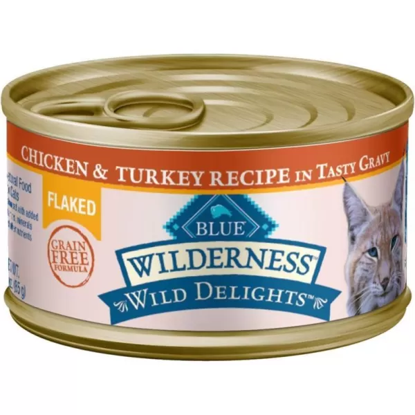 imageBlue Buffalo Wilderness Wild Delights High Protein Grain Free Natural Adult Flaked Wet Cat Food Chicken amp Turkey 3oz cans Pack of 24Chicken amp Turkey 3 Ounce Pack of 24