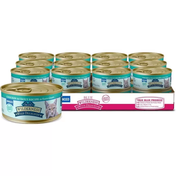 imageBlue Buffalo Wilderness Wild Delights High Protein Grain Free Natural Adult Minced Wet Cat Food Chicken amp Trout 55 oz cans Pack of 24Chicken amp Trout