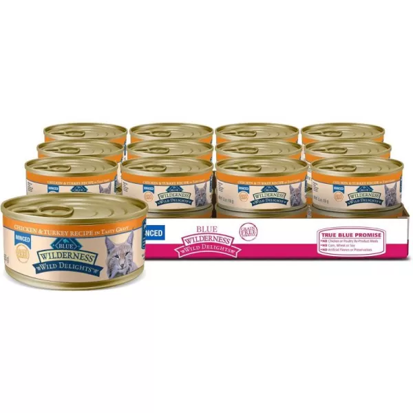imageBlue Buffalo Wilderness Wild Delights High Protein Grain Free Natural Adult Minced Wet Cat Food Chicken amp Trout 55 oz cans Pack of 24Chicken amp Turkey