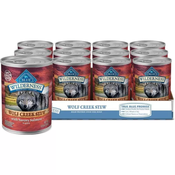 imageBlue Buffalo Wilderness Wolf Creek Stew High Protein Natural Wet Dog Food Savory Salmon Stew in gravy 125oz cans Pack of 12Salmon Stew 125 Ounce Pack of 12