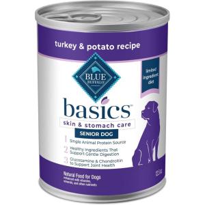 imageBlue Buffalo Basics GrainFree Senior Wet Dog Food Skin ampamp Stomach Care Limited Ingredient Diet Turkey Recipe 125oz Cans 12 CountTurkey  Potato