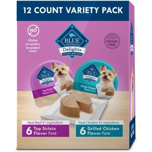 imageBlue Buffalo Delights Natural Adult Small Breed Wet Dog Food Variety Pack Made with Natural Ingredients Filet Mignon Flavor Pat ampamp Porterhouse Flavor Pat 35oz Cups 12 Count 6 of EachTop Sirloin  Grilled Chicken