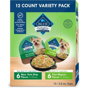 imageBlue Buffalo Delights Small Breed Natural Wet Dog Food Rotisserie Chicken Flavor in Gravy 35oz Cups 12 CountVariety Pack Filet Mignon  New York Strip
