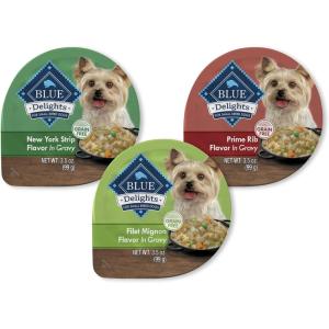 imageBlue Buffalo Delights Small Breed Natural Wet Dog Food Rotisserie Chicken Flavor in Gravy 35oz Cups 12 CountVariety Pack Prime Rib  NY Strip  Filet Mignon