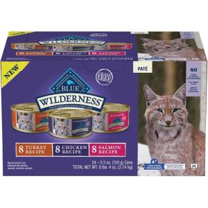imageBlue Buffalo Wilderness Natural Wet Cat Food Pat HighProtein ampamp GrainFree Recipe Chicken 55oz Cans 24 CountChicken  Salmon  Turkey