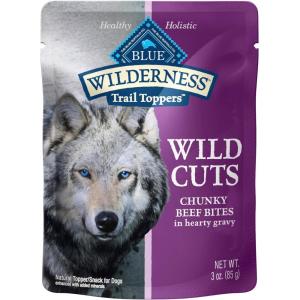 imageBlue Buffalo Wilderness Trail Toppers Wild Cuts High Protein Natural Wet Dog Food Variety Pack Beef Salmon Duck ampamp Chicken 3oz Pouches 24 CountBeef