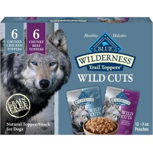 imageBlue Buffalo Wilderness Trail Toppers Wild Cuts High Protein Natural Wet Dog Food Variety Pack Beef Salmon Duck ampamp Chicken 3oz Pouches 24 CountBeef  Chicken
