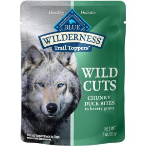 imageBlue Buffalo Wilderness Trail Toppers Wild Cuts High Protein Natural Wet Dog Food Variety Pack Beef Salmon Duck ampamp Chicken 3oz Pouches 24 CountDuck